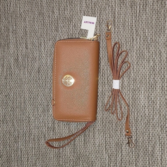 unbranded Handbags - Women's brown Faux Leather Double Zip wallet clutch W/ crossbody strap NEW!